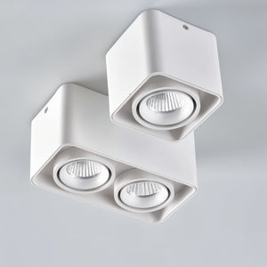 White adjustable surface-mounted downlights with square bezels on ceiling, one fixture with single lamp and one with dual lamps.