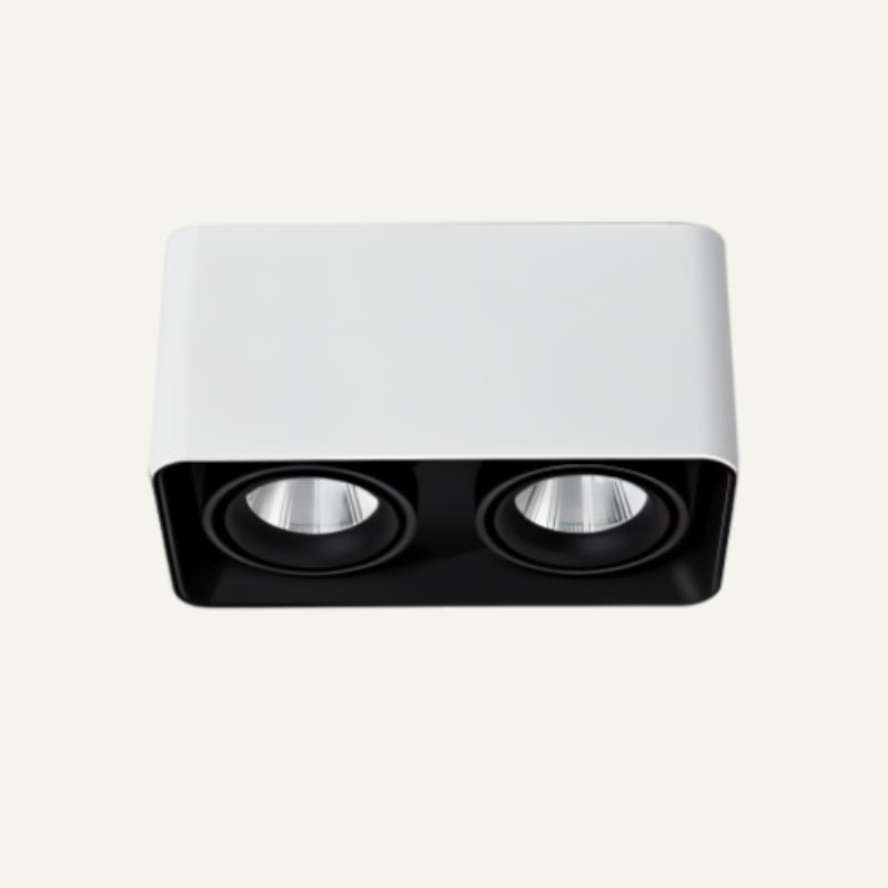 White and black dual-head rectangular downlight fixture on neutral background.