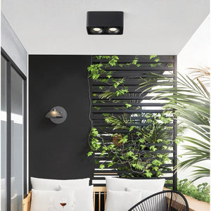 Black dual-head LED downlight mounted on white ceiling above modern patio seating area with plants.