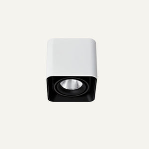 White and black cylindrical downlight fixture with adjustable spotlight on neutral background.