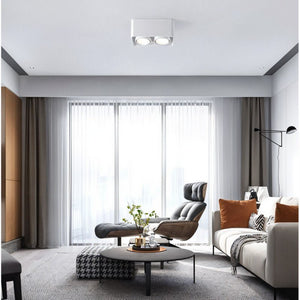 White square ceiling downlight with two adjustable spotlights mounted in modern living room with large windows.