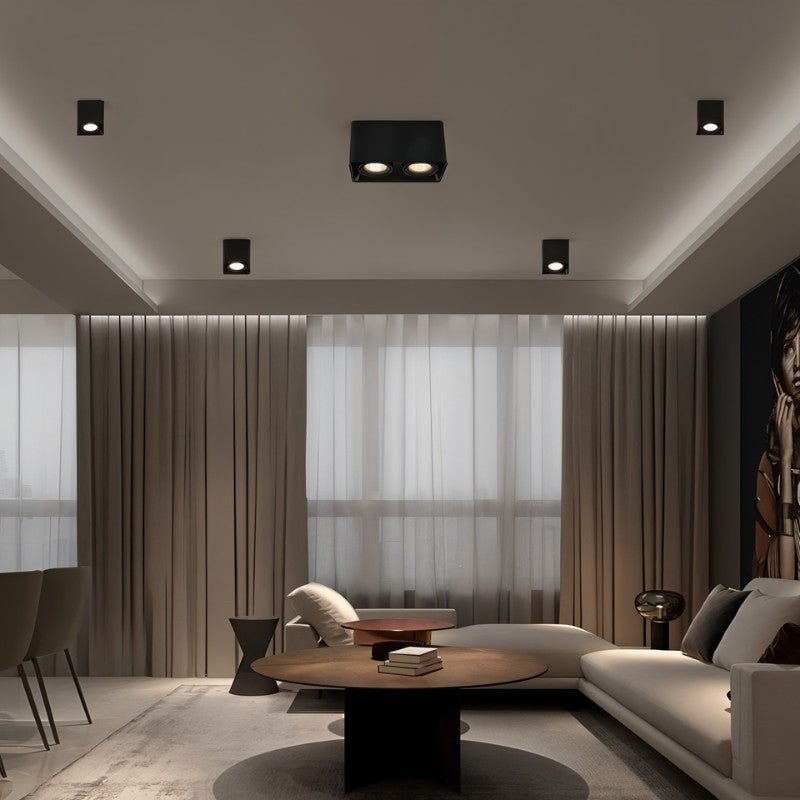 Black square downlight fixtures mounted on a modern ceiling above a contemporary living room with neutral furnishings.