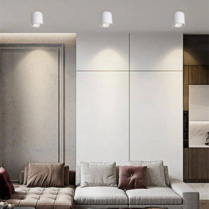White cylindrical LED downlights mounted on ceiling above modern living room with neutral furnishings.