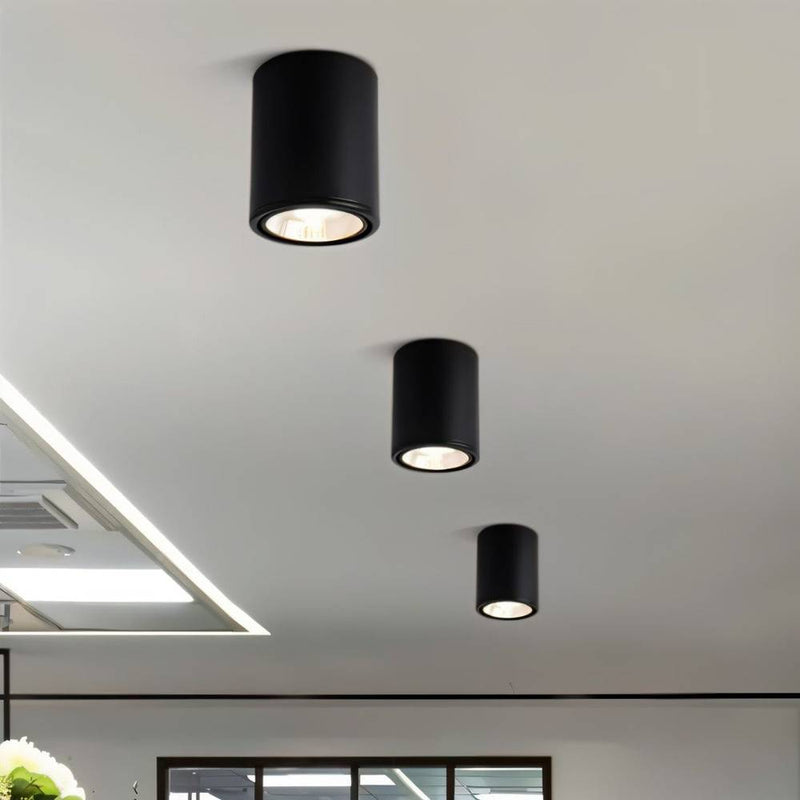 Black cylindrical downlights mounted on white ceiling in modern interior space.