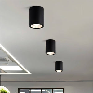 Black cylindrical downlights mounted on white ceiling in modern interior space.