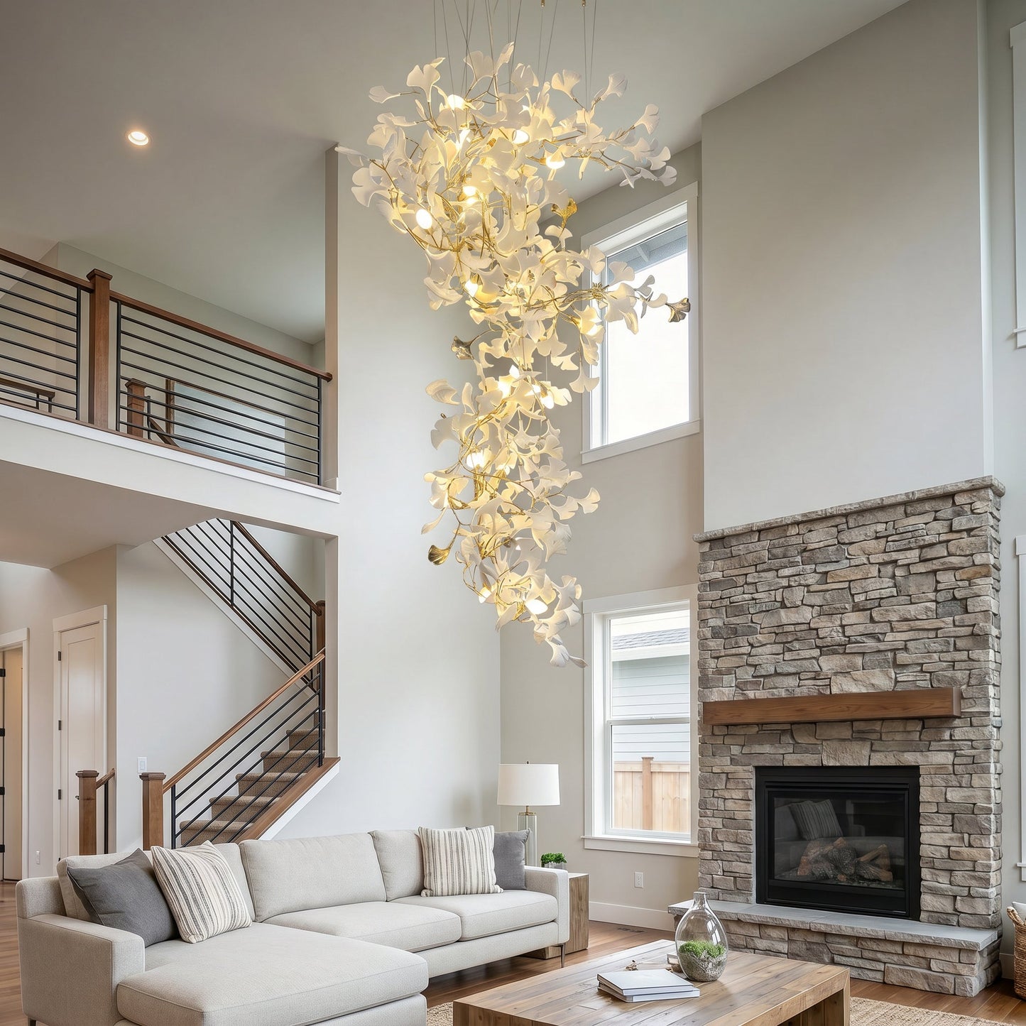 Olverai Ginkgo Long Cascading Foyer Chandelier