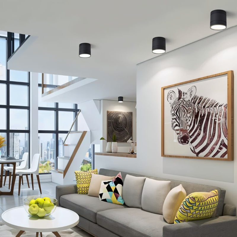 Black cylindrical ceiling downlight mounted in modern living room with gray sofa and city views.