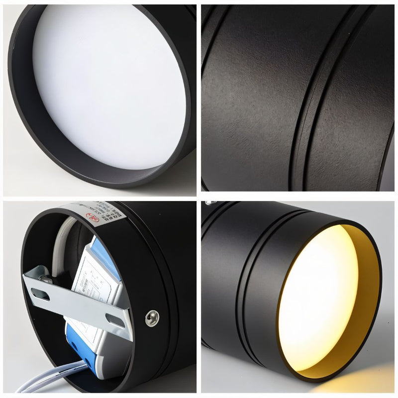 Black cylindrical downlight with white diffuser and warm gold interior, shown from multiple angles.