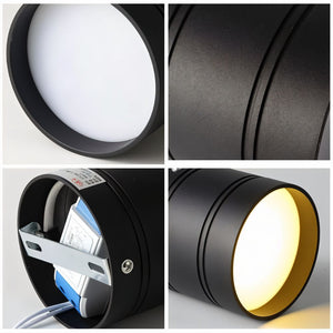 Black cylindrical downlight with white diffuser and warm gold interior, shown from multiple angles.