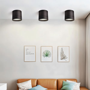 Three black cylindrical ceiling downlights mounted on white wall above tan leather sofa in modern living room.