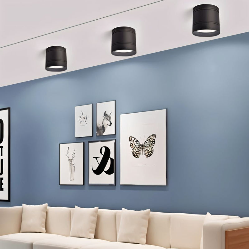 Black cylindrical downlight fixtures mounted on a white ceiling above a blue wall with artwork and cream sofa.