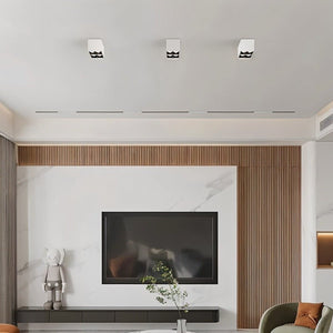Three square white downlights with crown logos mounted on a modern ceiling above a living room.