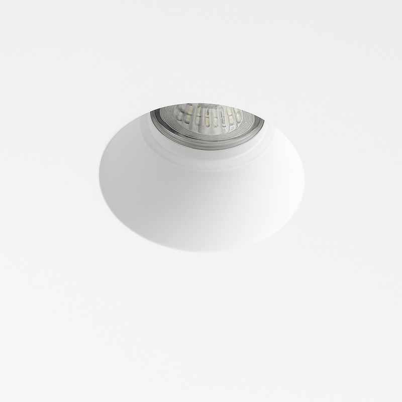 Round recessed ceiling light fixture with adjustable trim, shown from front and side view with dimensions on white background
