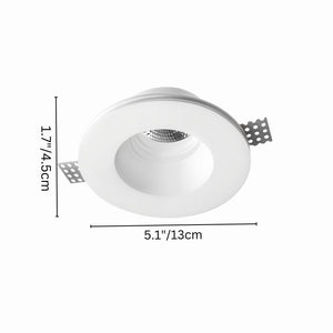 "Loux Trimless Downlight with dimensions shown, crafted from gypsum and aluminum for seamless ceiling integration, featuring a clean and minimalist design."