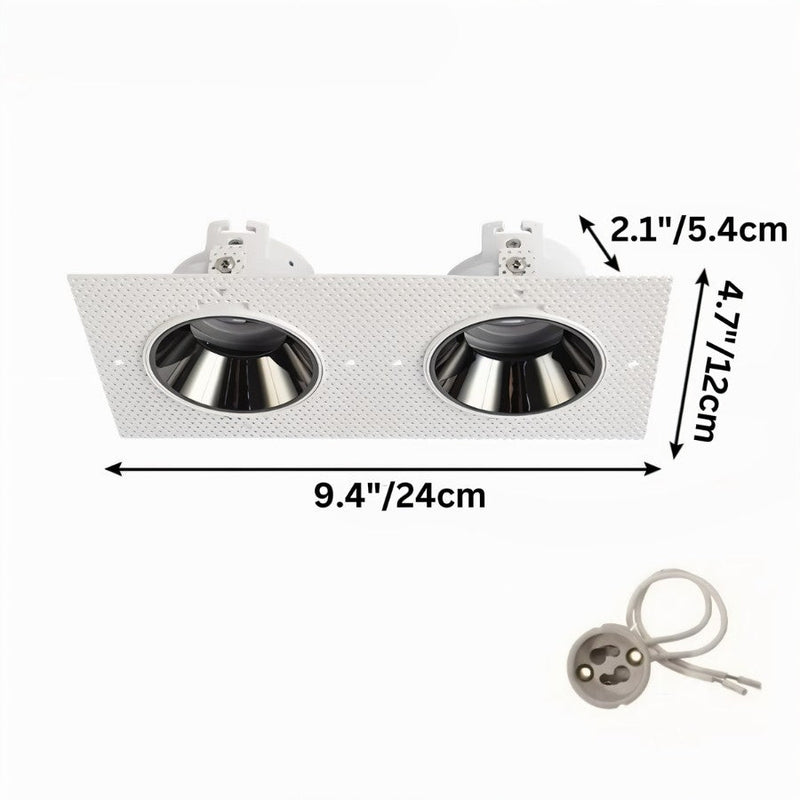 # Two-light white rectangular recessed downlight with black trim rings shown with mounting hardware.