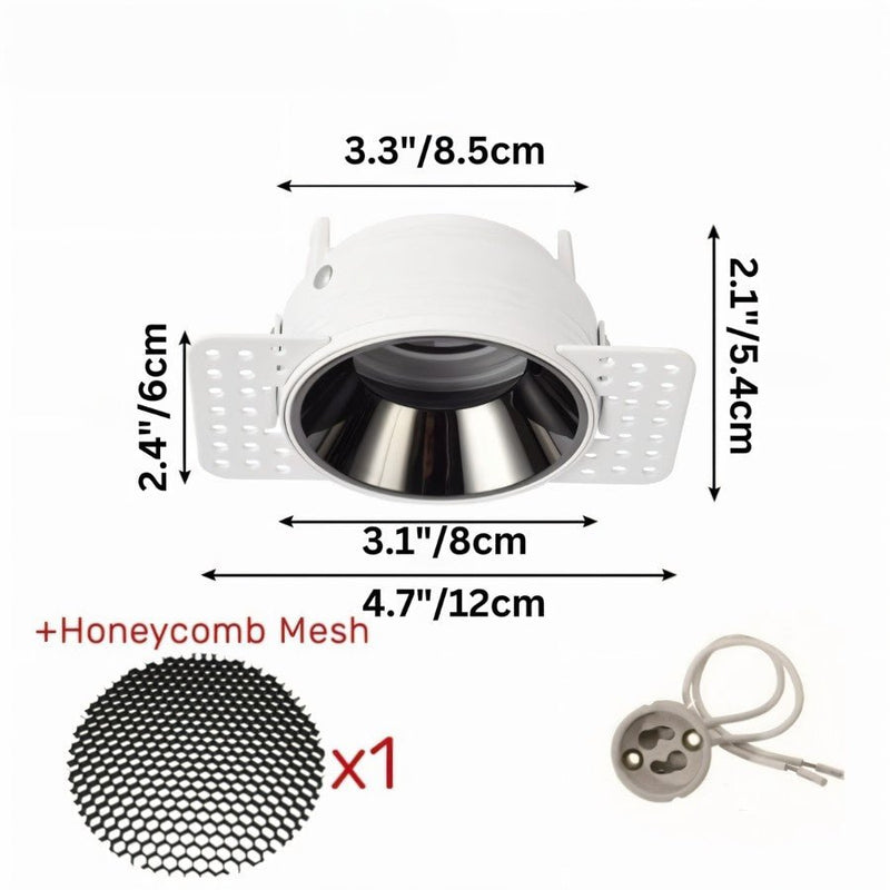 White recessed downlight with honeycomb mesh and adjustable reflector, shown with dimensions and accessories.