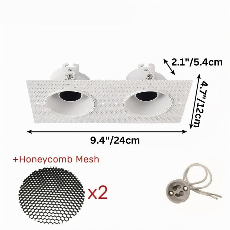 Dual recessed downlight fixture in white with honeycomb mesh accessories and mounting hardware included.