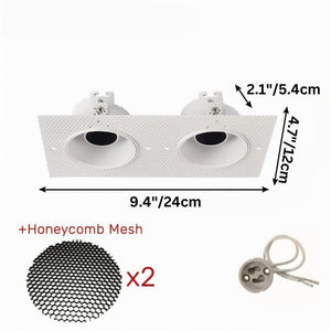 Dual recessed downlight fixture in white with honeycomb mesh accessories and mounting hardware included.