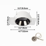 White recessed downlight with stainless steel trim and adjustable mounting bracket, shown with installation hardware.