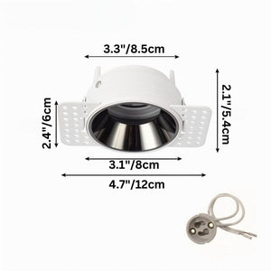 White recessed downlight with stainless steel trim and adjustable mounting bracket, shown with installation hardware.