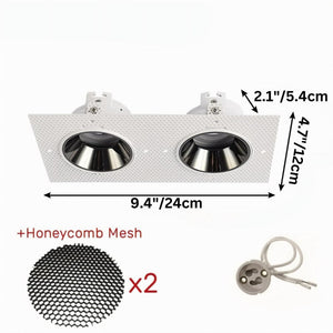 White recessed downlight with dual black reflectors, honeycomb mesh diffusers, and mounting hardware included.