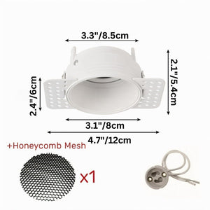 White recessed downlight with honeycomb mesh and mounting hardware shown on white background.