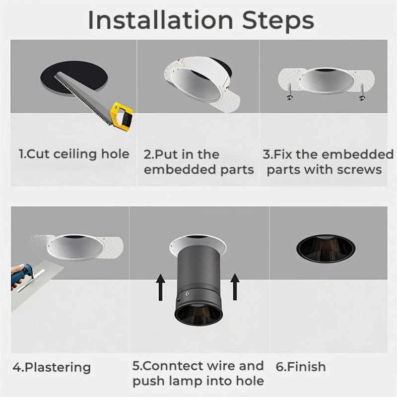 Recessed ceiling downlight installation steps showing mounting hardware, wiring, and finishing details.