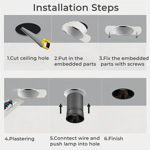 Recessed ceiling downlight installation steps showing mounting hardware, wiring, and finishing details.