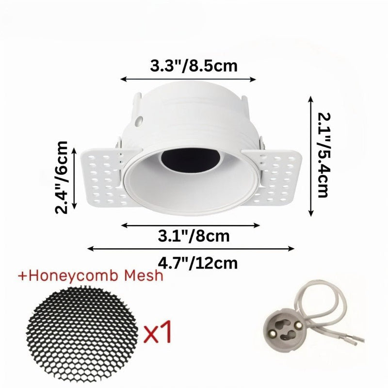 White recessed downlight with honeycomb mesh and adjustable trim, shown with included accessories on white background.