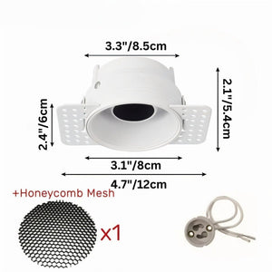 White recessed downlight with honeycomb mesh and adjustable trim, shown with included accessories on white background.