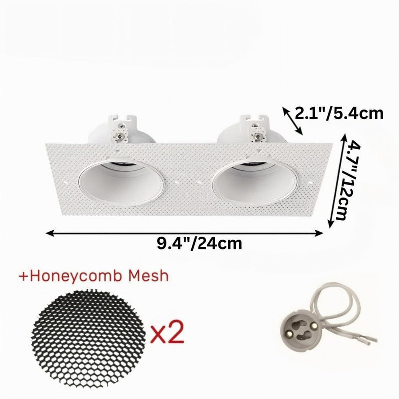 White recessed downlight fixture with dual LED openings and honeycomb mesh accessories on white background.