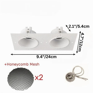 White recessed downlight fixture with dual LED openings and honeycomb mesh accessories on white background.