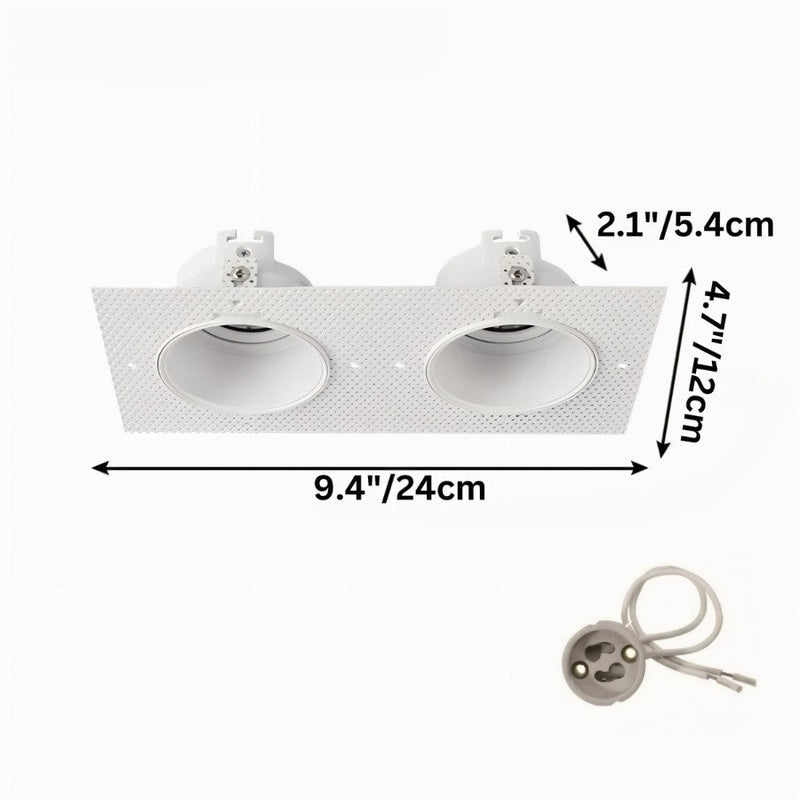 White double recessed downlight fixture with dimensions and mounting hardware shown on white background.