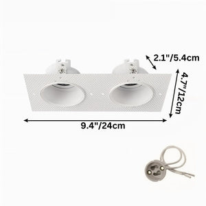 White double recessed downlight fixture with dimensions and mounting hardware shown on white background.