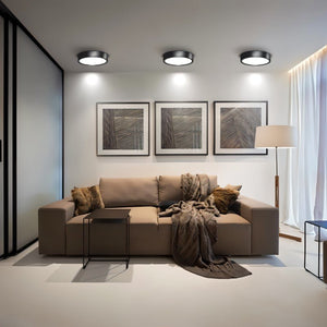 Black recessed downlight with white LED trim illuminating a modern living room with beige sofa and artwork.