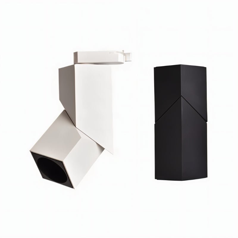 White and black adjustable track light fixtures shown on white background.