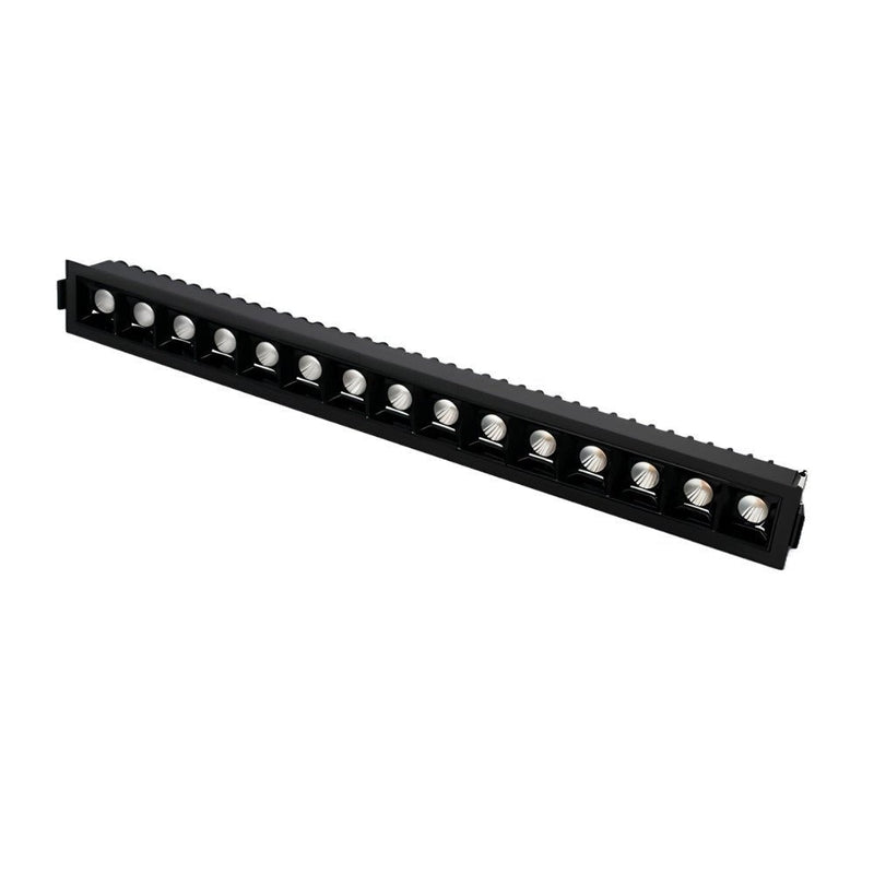 Black linear LED downlight fixture with 12 recessed lights on white background.