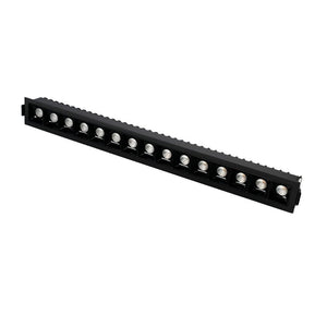 Black linear LED downlight fixture with 12 recessed lights on white background.