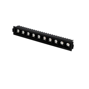 Black linear downlight fixture with ten adjustable recessed spotlights on white background.
