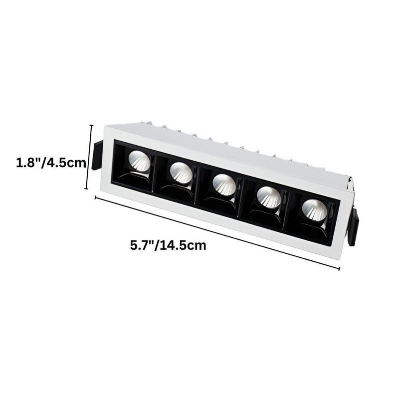 White and black linear recessed downlight fixture with five adjustable spotlights on white background.
