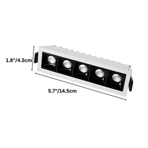 White and black linear recessed downlight fixture with five adjustable spotlights on white background.