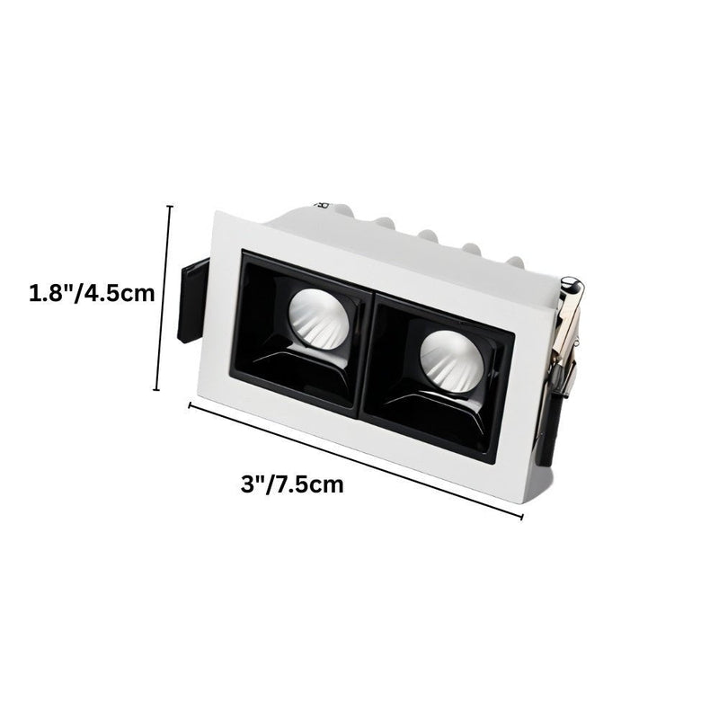 White and black dual-head recessed downlight fixture with dimensions marked at 3"/7.5cm width and 1.8"/4.5cm height.