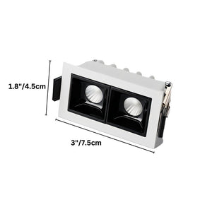 White and black dual-head recessed downlight fixture with dimensions marked at 3"/7.5cm width and 1.8"/4.5cm height.