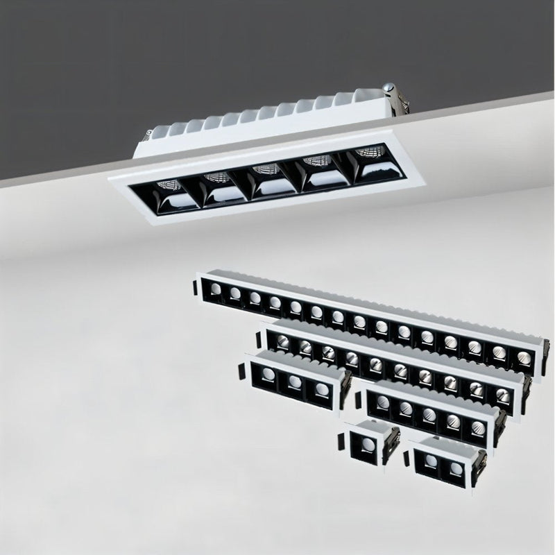 Recessed downlight fixtures in black and white finishes shown installed in ceiling and displayed separately.