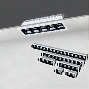 Recessed downlight fixtures in black and white finishes shown installed in ceiling and displayed separately.