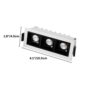 White and black recessed downlight fixture with three adjustable LED spotlights on white background.