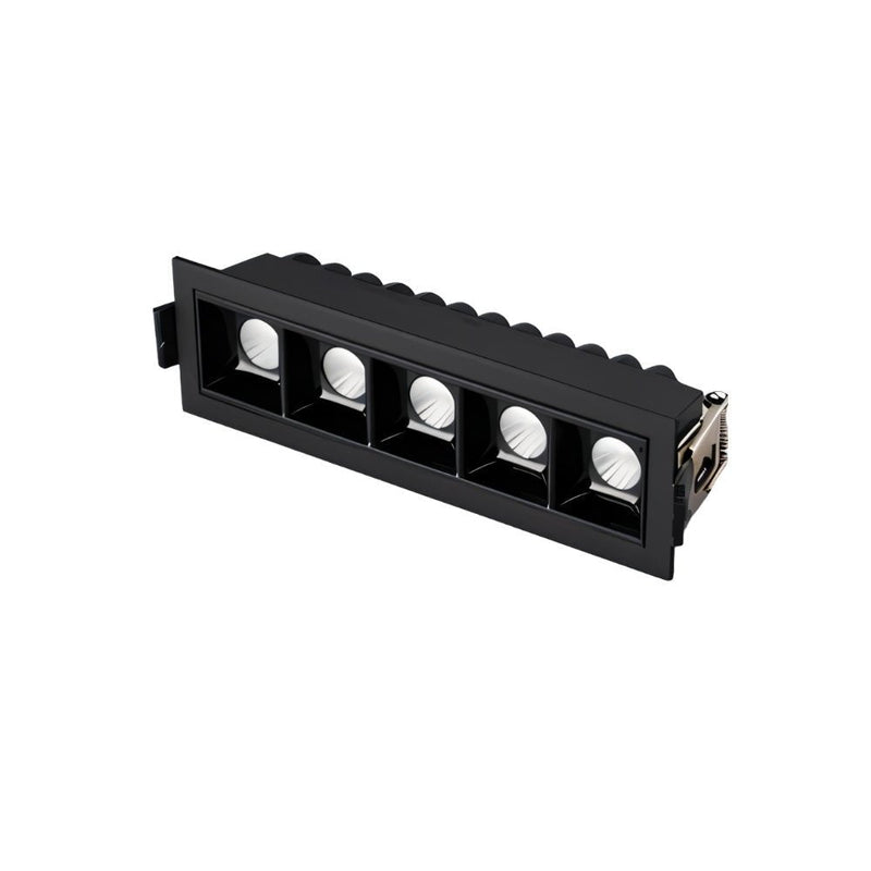 Black recessed linear downlight with five LED modules on white background.