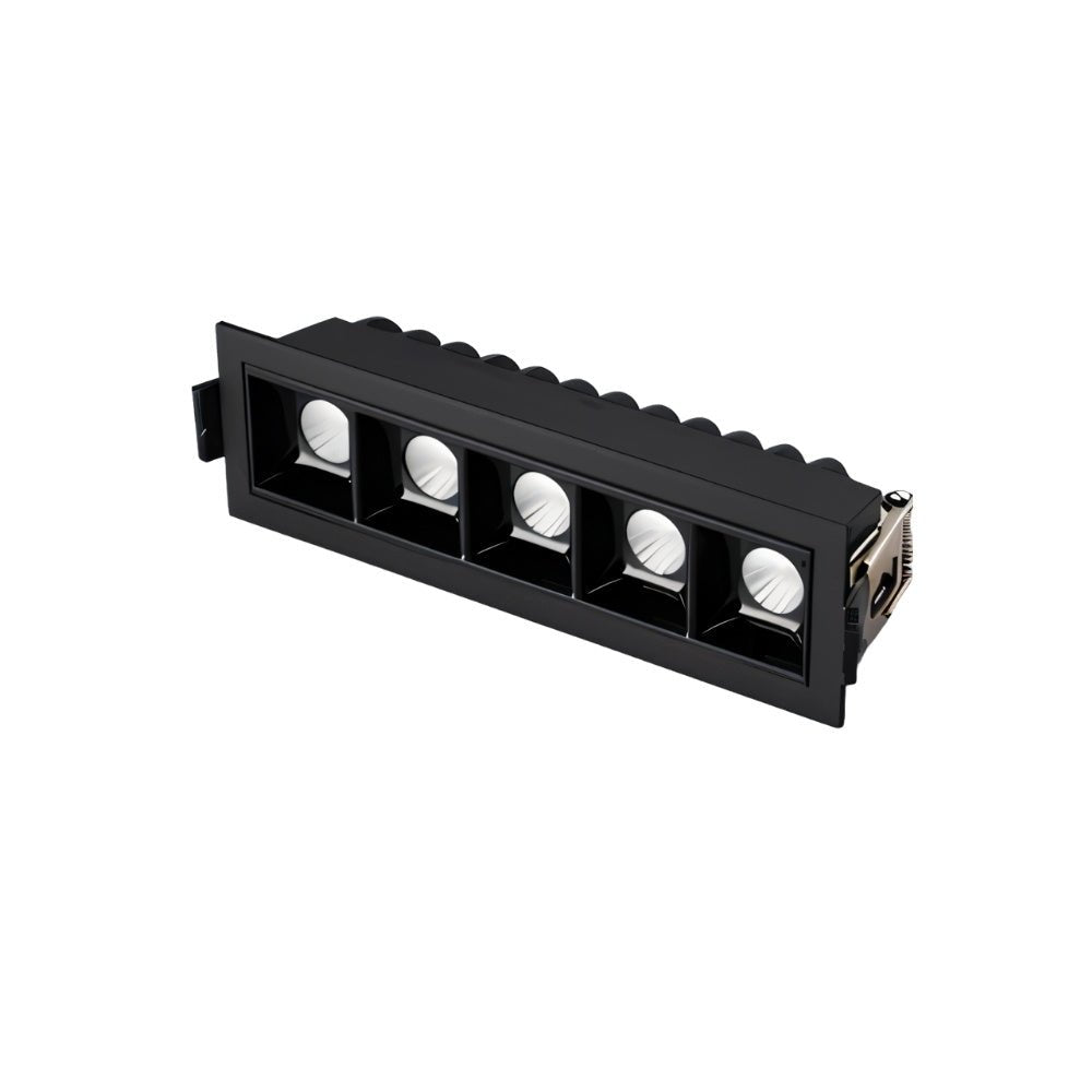 Black recessed linear downlight with five LED modules on white background.