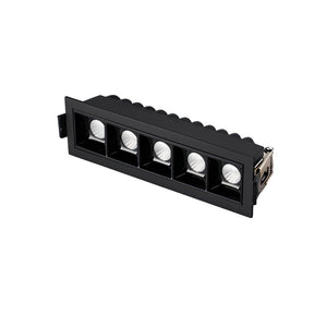 Black recessed linear downlight with five LED modules on white background.