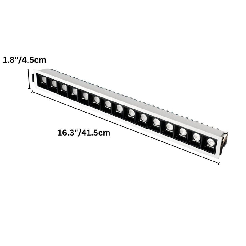 Linear LED downlight fixture in brushed aluminum and black, 16.3 inches long with recessed lighting.
